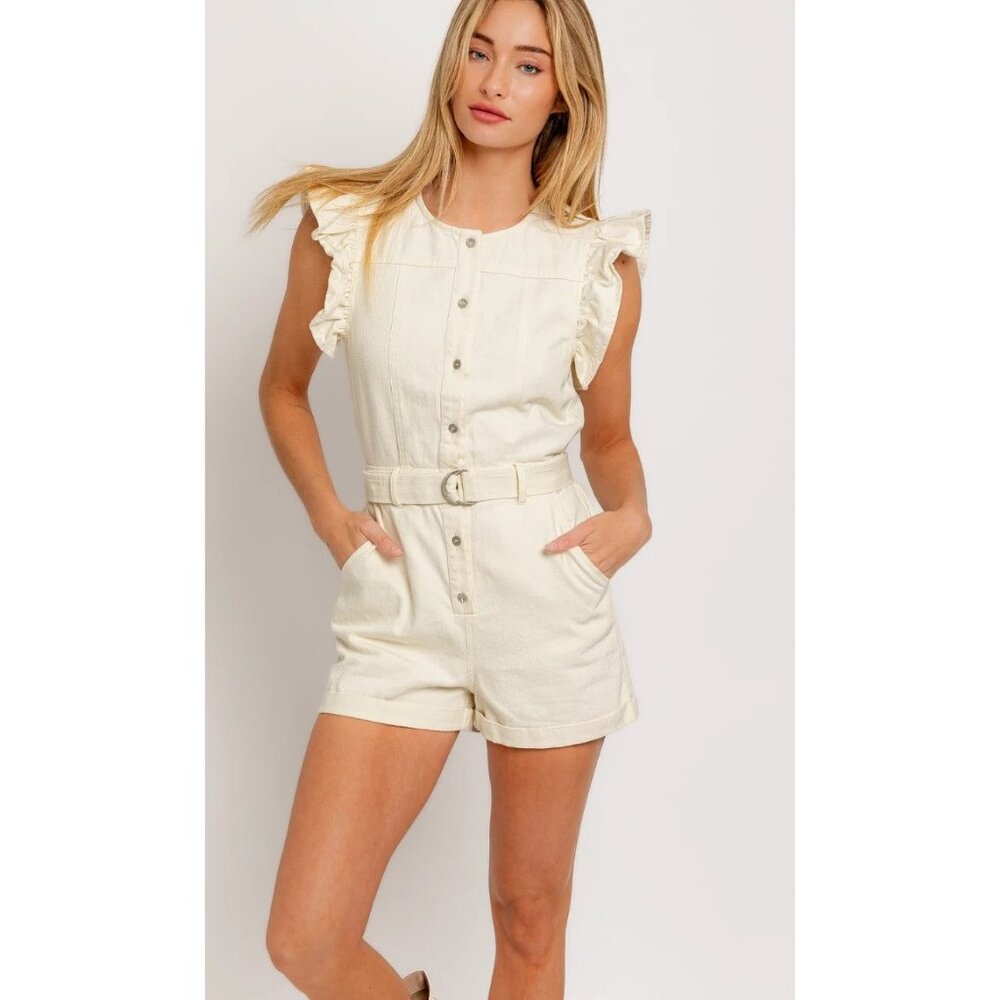 LE LIS Ruffle Buttons Denim Romper In Cream Size Large‎ - Picture 6 of 9